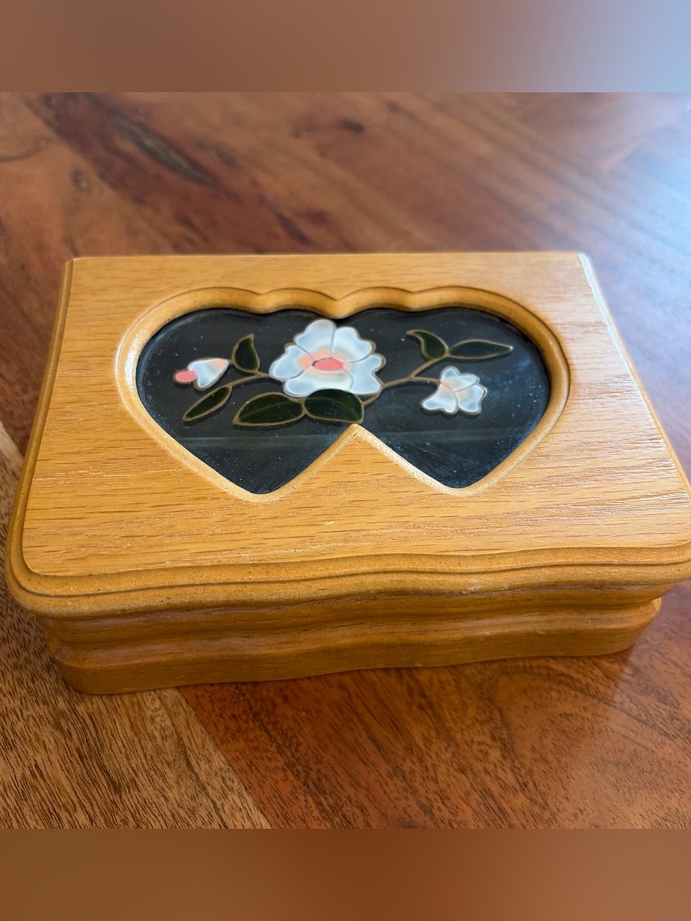 Vintage Croft & Barrow Wooden Jewelry Box Heart Faux Stained Glass Cottagecore